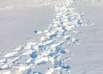 A snow covered path with footprints in the snow
