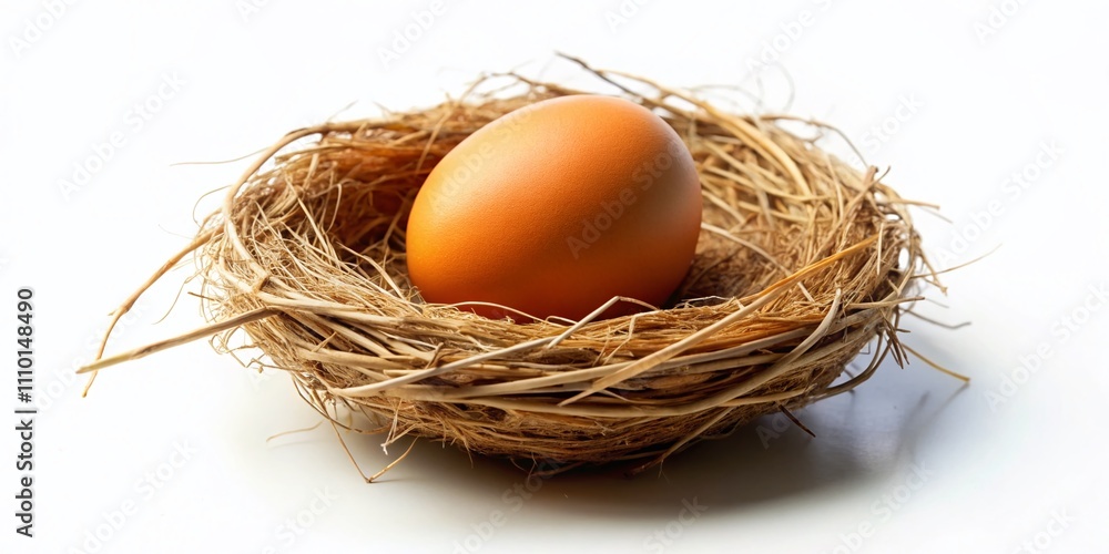 Poster a beautifully isolated chicken egg nestled in a nest on a white background, perfectly composed using