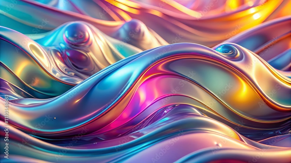 Poster abstract 3d rendering of flowing iridescent liquid in soft pastel colors, perfect for modern product