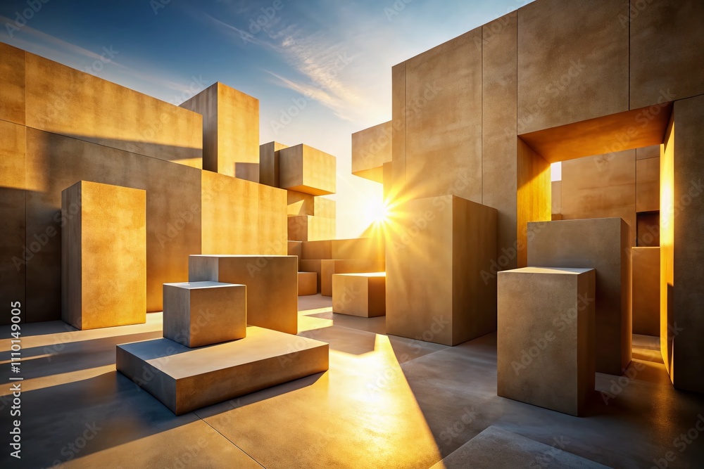 Poster abstract architectural composition of warm-toned concrete blocks and geometric shapes in soft golden