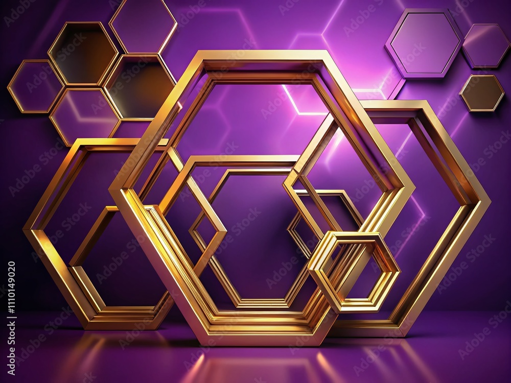 Poster abstract animation of golden hexagon frames rotating against a violet background, creating a dynamic