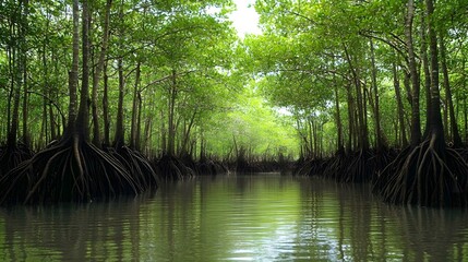 Obraz premium Serene mangrove forest with tranquil waters reflecting vibrant greenery during daylight