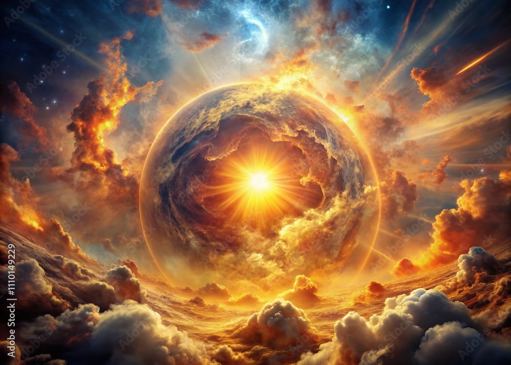 Poster abstract art of sun surface with morphing magma energy in high depth of field, grunge texture, and c