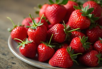 Red strawberry-like fruits on a wooden surface