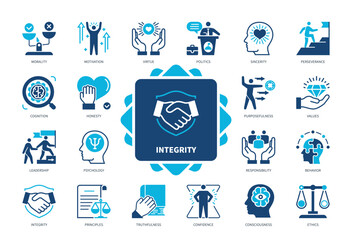 Integrity icon set. Morality, Virtue, Purposefulness, Consciousness, Honesty, Ethics, Principles, Cognition. Duotone color solid icons