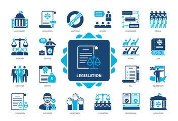 Legislation icon set. Government, Regulation, Voting, Judiciary, Legislature, Democracy, Session, Procedures. Duotone color solid icons