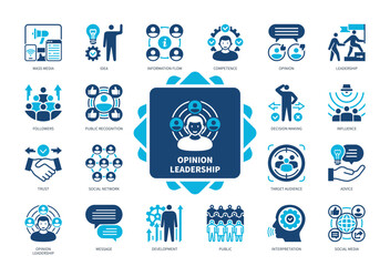 Opinion Leadership icon set. Competence, Influence, Followers, Trust, Interpretation, Advice, Public, Development. Duotone color solid icons