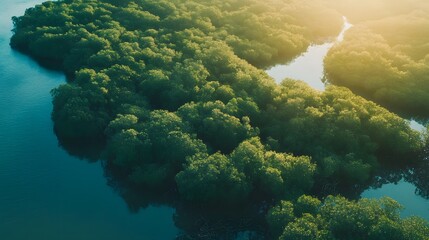 Naklejka premium Lush greenery surrounds a winding river in a vibrant tropical mangrove landscape during golden hour
