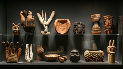 A poignant depiction of cultural appreciation with a series of traditional artifacts from around the world arranged in a gallery setting, representing respect and learning, minimalist composition