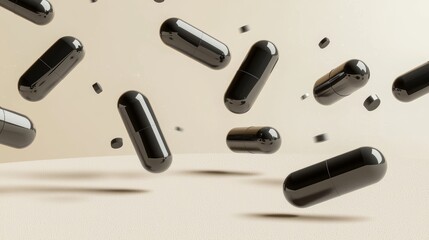 Floating black capsules in minimalist beige background - conceptual medicine and health