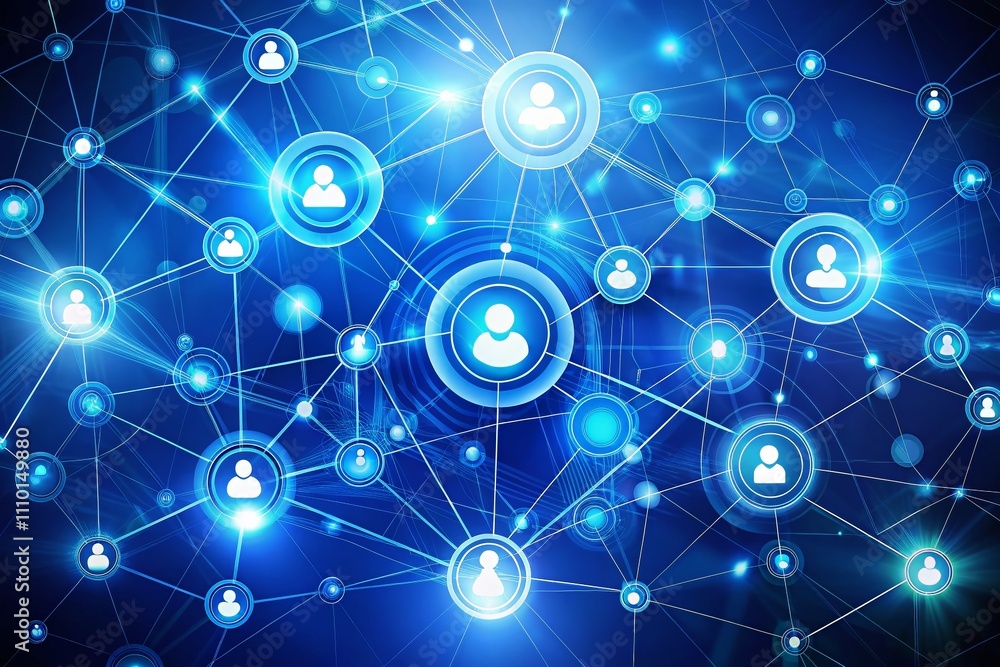 Poster abstract blue background with circles and lines representing a network connection and social media t