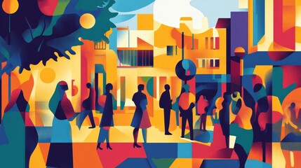 An abstract vector art of a cultural center, with artistic murals and community spaces, representing creativity and collaboration 