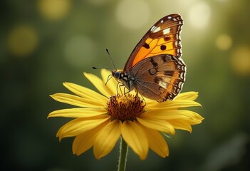Obraz premium A brown and orange butterfly with spotted wings perched on a yellow flower against a blurred green background