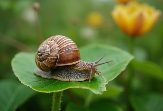 A brown and white striped snail on a green leaf, with its shell and tentacles visible