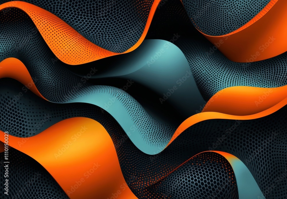 Poster abstract waves of blue and orange flowing through a dark mesh pattern, creating a stunning visual de