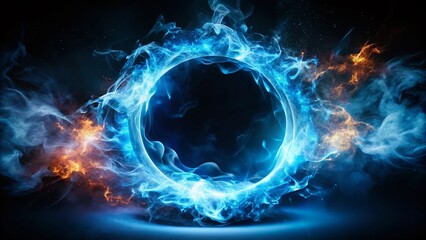Abstract Blue Fire Ring with Smoke and Sparks on a Black Background, Capturing the Essence of Night Photography and Enigmatic Light Trails for Artistic Exploration