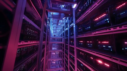 Fototapeta premium High-tech data center illuminated with vibrant lights showcasing modern server technology and architecture
