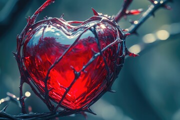 Red Glass Heart Hanging from Tree