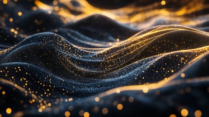 An abstract wave of particles, flowing smoothly across a dark, high-tech background, with light trails