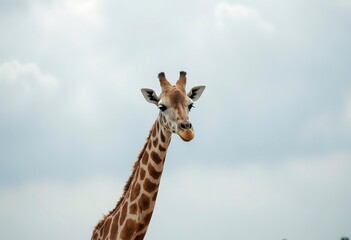 Fototapeta premium A tall giraffe with a long neck and spotted fur standing against a cloudy sky background