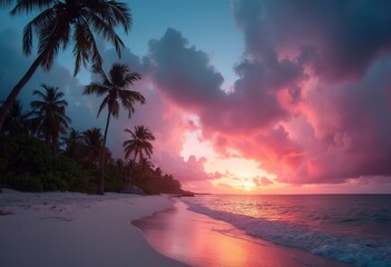 A tropical beach with a palm tree in the foreground, a stormy sky with dramatic clouds and colorful sunset in the background