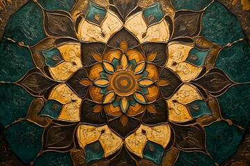 Fototapeta premium Traditional Bulgarian ceramic plate in yellow-blue color. Fragment painting paint ornament photo. 