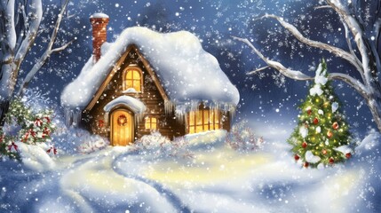 Hand-Drawn Christmas Greeting Card: Snowy Home and Festive Quotes
