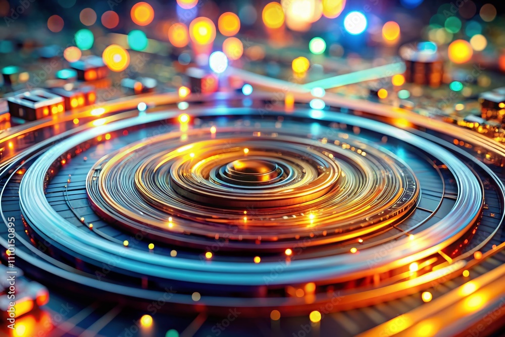 Poster abstract digital background featuring concentric circles and glowing lines in tilt-shift style for m