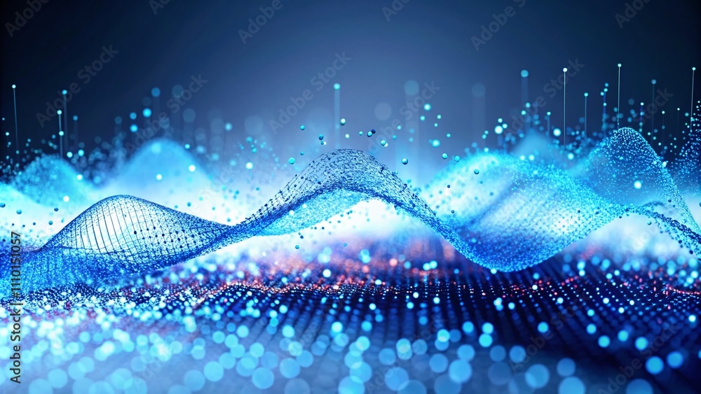 Poster abstract digital technology with futuristic blue dots and dynamic sound waves flowing in particles a
