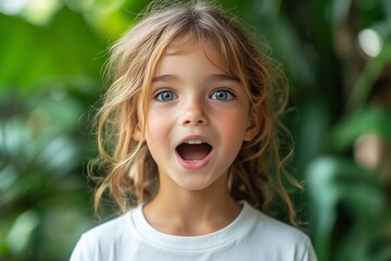Young child with blonde hair and bright eyes looks surprised, surrounded by lush greenery.
