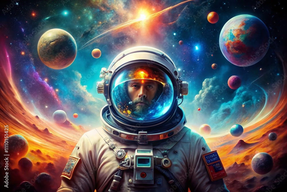 Poster abstract futuristic digital art background of space travel featuring a double exposure technique wit