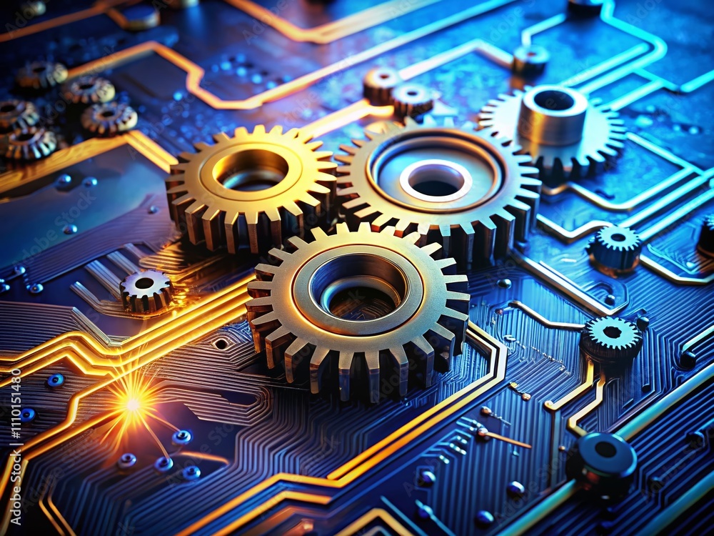 Poster abstract futuristic technology gear concept with circuit board in gradient colors for digital teleco