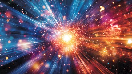 Obraz premium Abstract cosmic explosion with vibrant light rays and colorful particles.