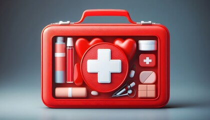 Obraz premium Red first aid kit symbolizes readiness for medical emergencies.