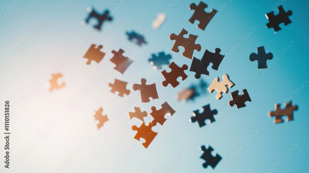 Wall mural a powerful image of a diverse array of interconnected puzzle pieces floating in a bright, clear sky,