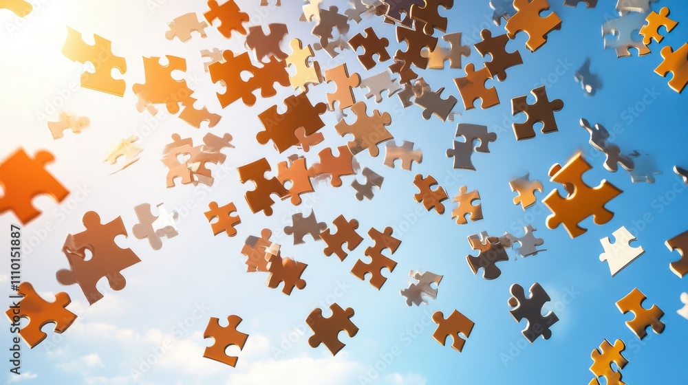 Wall mural a powerful image of a diverse array of interconnected puzzle pieces floating in a bright, clear sky,
