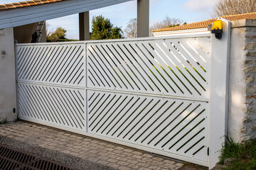 modern white design sliding gate slats slide aluminum portal of new suburb home