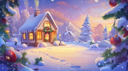 Naklejka premium Hand-Drawn Christmas Greeting Card: Snowy Home and Festive Quotes