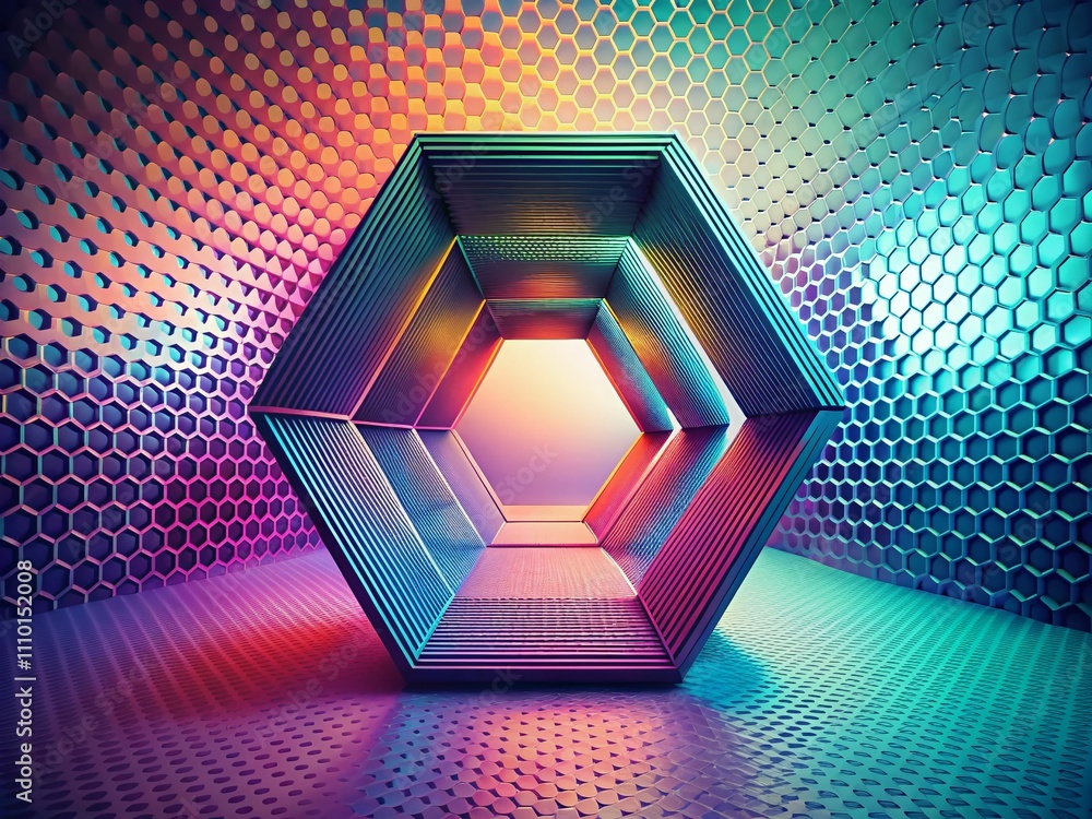 Poster abstract hexagonal shapes in dynamic curved structure on a light background, minimalist 80s style ha