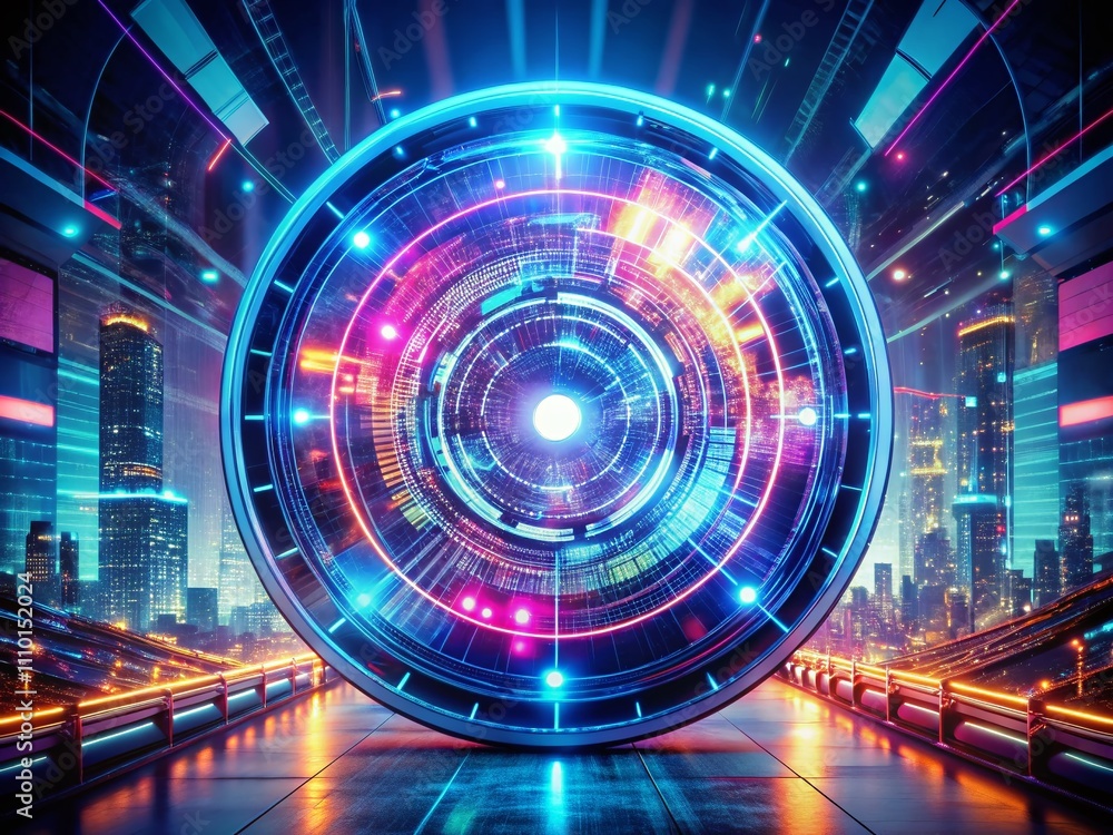 Poster abstract hud tech circle digital display in double exposure photography for a futuristic sci-fi envi