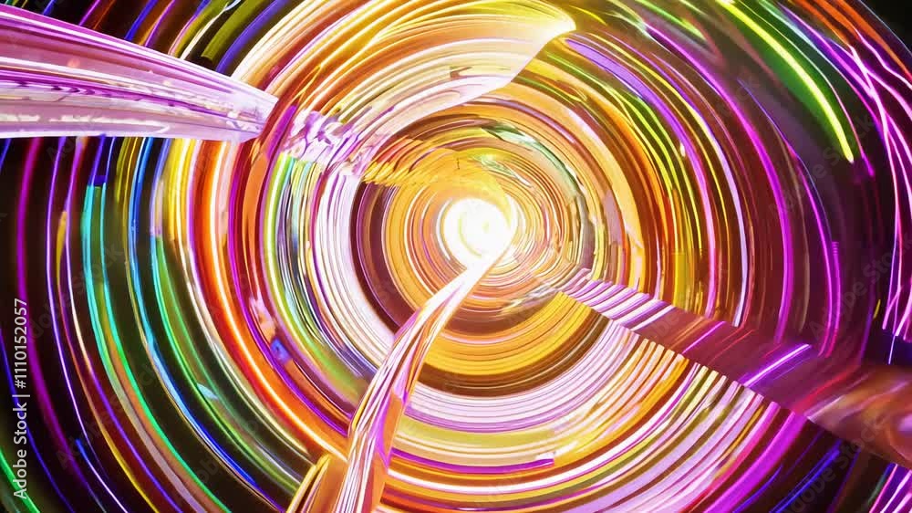 Poster vibrant spirographic curves intersect and loop continuously, creating a hypnotic, infinite-loop effe