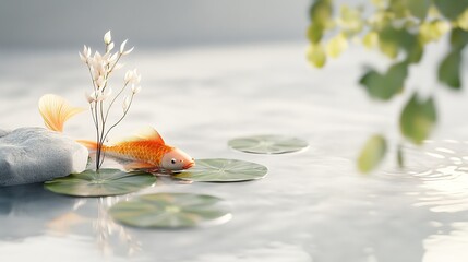 A Serene Goldfish Swimming Among Lily Pads in Tranquil Water