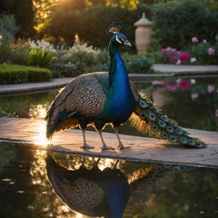 Peacock by a Reflective Pool: A vibrant peacock standing elegantly beside a tranquil reflecting pool in a beautifully landscaped garden, its feathers shimmering in the golden glow of the evening.

