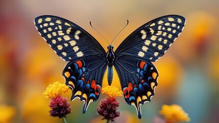 Vibrant swallowtail butterfly resting on colorful flowers in bloom