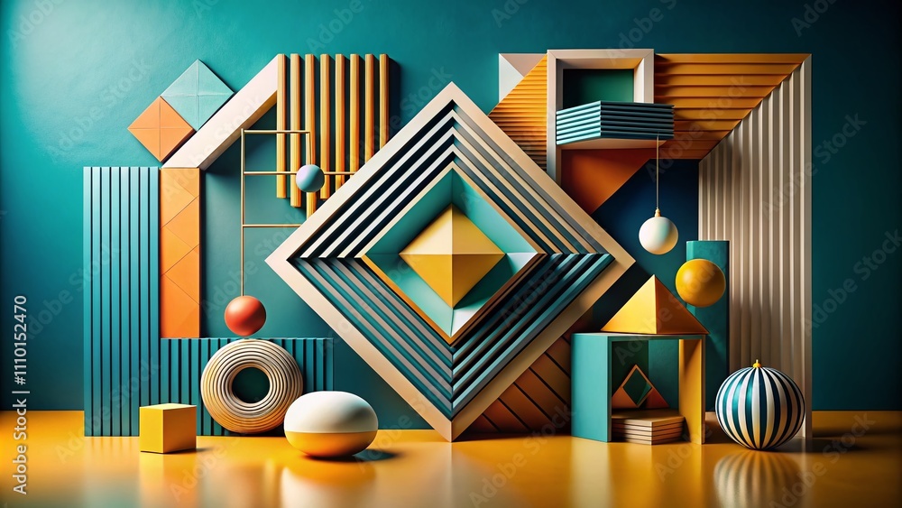 Poster abstract minimal geometric shapes: isolated designs creating optical illusions and impossible forms 