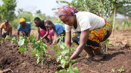 Women planting vegetables in community garden under sunny skies in rural Africa