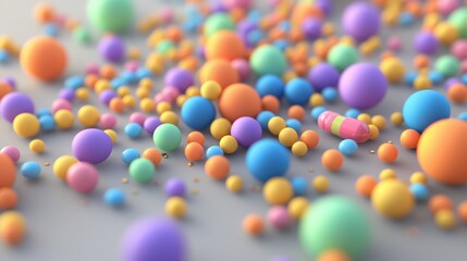 Colorful assortment of spheres and a single capsule on a neutral background