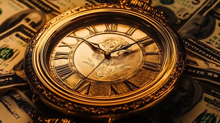 Obraz premium Antique gold pocket watch on dollar bills.