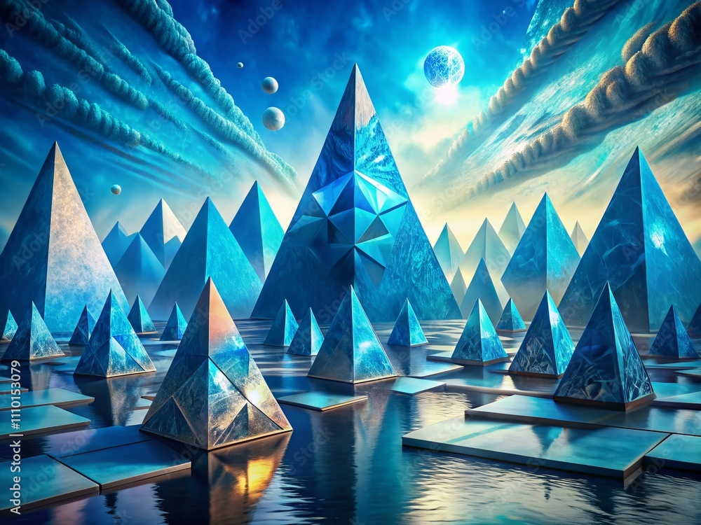Poster abstract pattern of dimensional blue pyramids in a surreal landscape capturing the essence of depth 