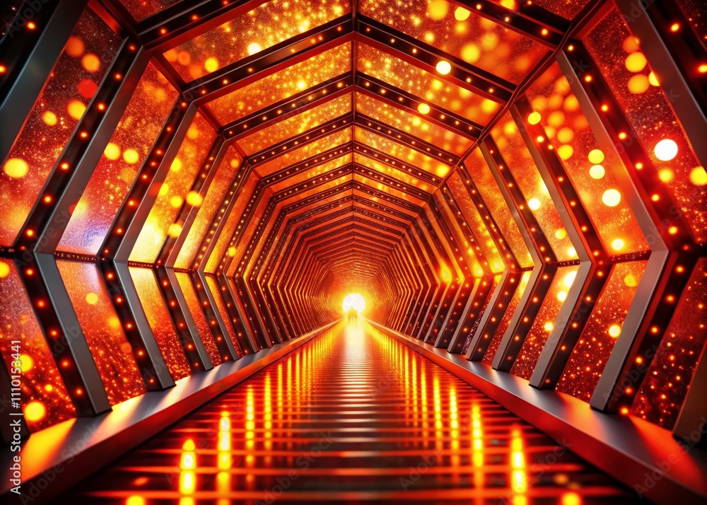 Poster abstract red and orange geometric tunnel with glowing light at the end, captivating bokeh effect for